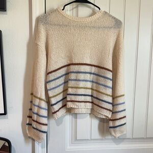 Blue Rain Cream Crewneck Sweater with Multicolor Stripes